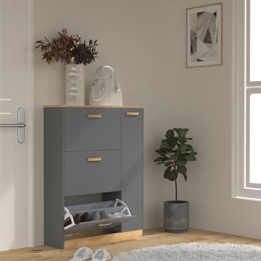 VCM NORDIC Halom L skoskap, m. 4 drer - antrasittgr/naturtre