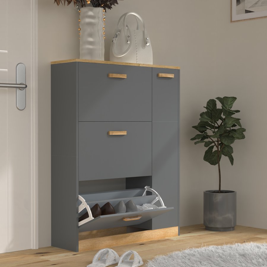 VCM NORDIC Halom L skoskap, m. 4 drer - antrasittgr/naturtre