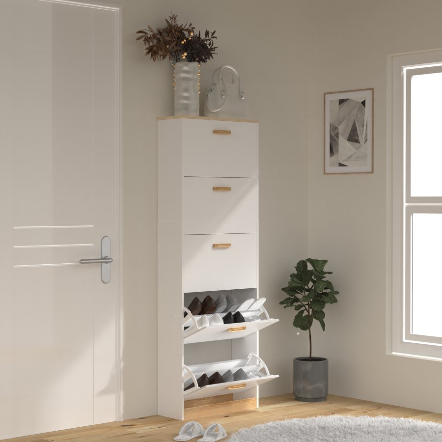 VCM NORDIC Halom XL skoskap, m. 5 drer - hvit/naturtre