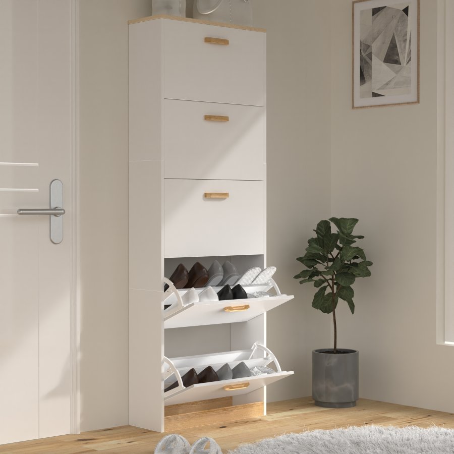 VCM NORDIC Halom XL skoskap, m. 5 drer - hvit/naturtre