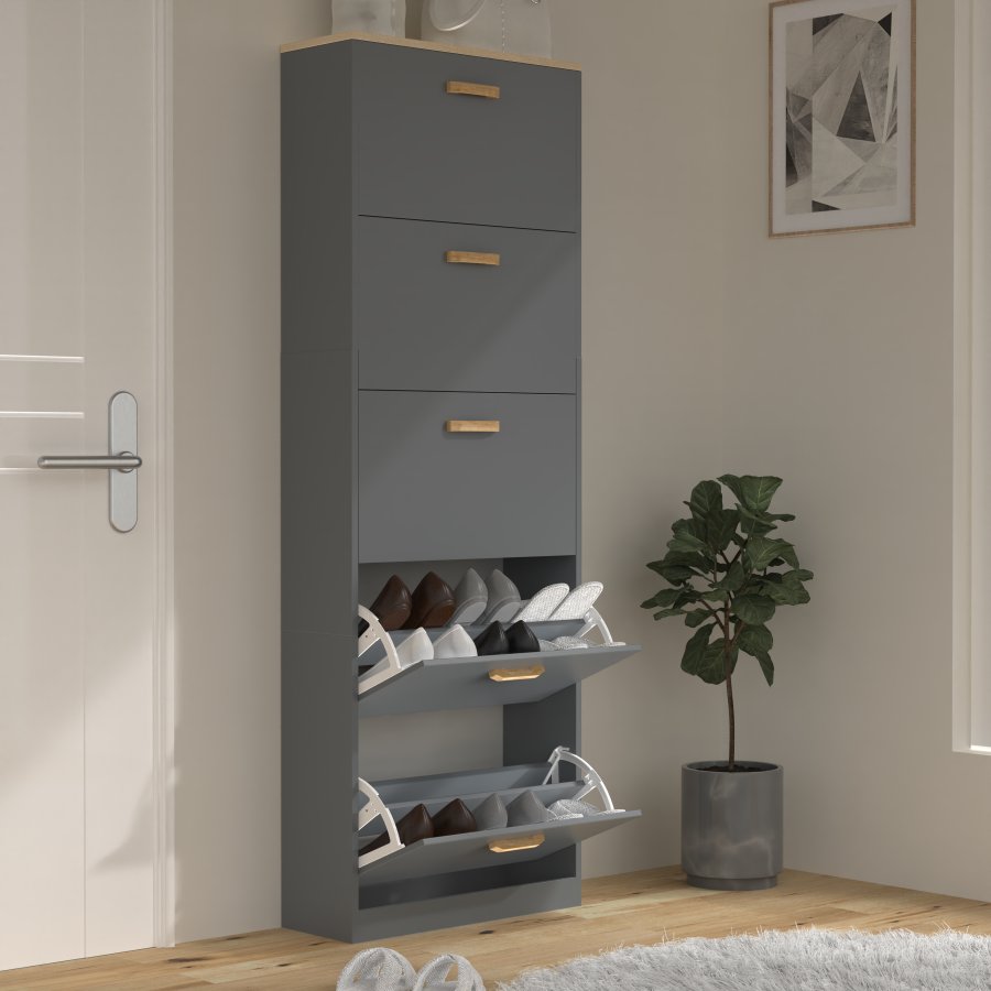 VCM NORDIC Halom XL skoskap, med 5 drer - antrasittgr/naturtre