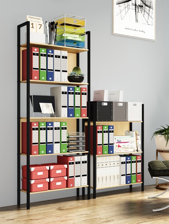 VCM NORDIC Flakos Büroregal, m. 5 Böden - Naturholz und Metall