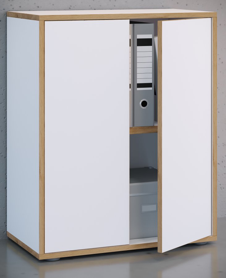 VCM NORDIC Salia B60 Büroregal, mit 2 Türen und 1 verstellbarem Boden - Weiß und Naturholz