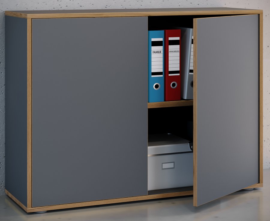 VCM NORDIC Salia B100 Büroregal mit 2 Türen und 1 verstellbarem Boden - Anthrazitgrau und Naturholz