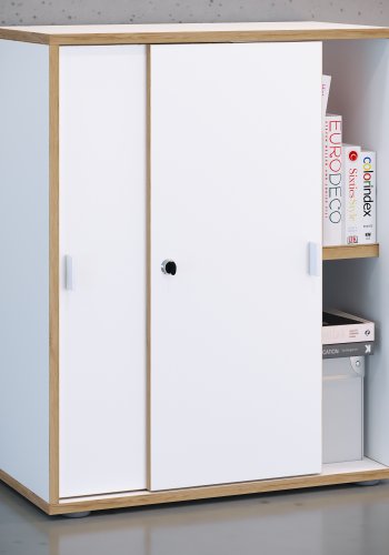 VCM NORDIC Salia B60 Büroregal, mit 2 Schiebetüren, Schloss und 1 verstellbarem Boden - Weiß und Naturholz