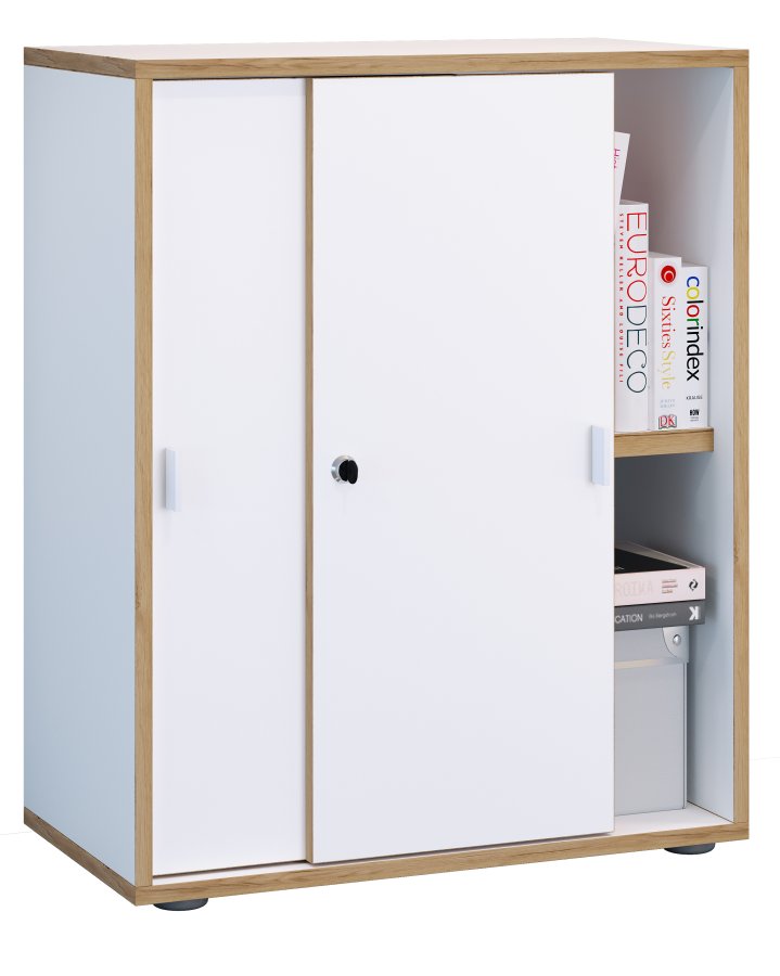 VCM NORDIC Salia B60 Büroregal, mit 2 Schiebetüren, Schloss und 1 verstellbarem Boden - Weiß und Naturholz