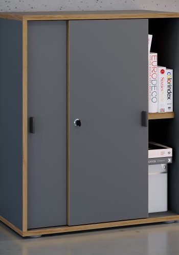 VCM NORDIC Salia B60 Büroregal, m. 2 Schiebetüren, Schloss, 1 verstellbarer Boden - Anthrazitgrau und Naturholz