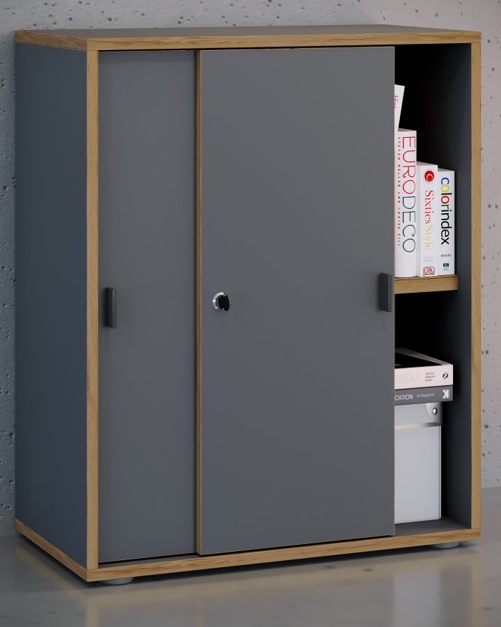 VCM NORDIC Salia B60 Büroregal, m. 2 Schiebetüren, Schloss, 1 verstellbarer Boden - Anthrazitgrau und Naturholz