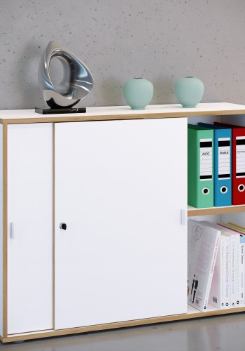 VCM NORDIC Salia B100 Büroregal, mit 2 Schiebetüren, Schloss und 1 verstellbarem Boden - Weiß und Naturholz