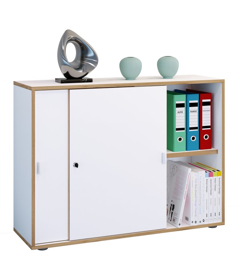 VCM NORDIC Salia B100 Büroregal, mit 2 Schiebetüren, Schloss und 1 verstellbarem Boden - Weiß und Naturholz