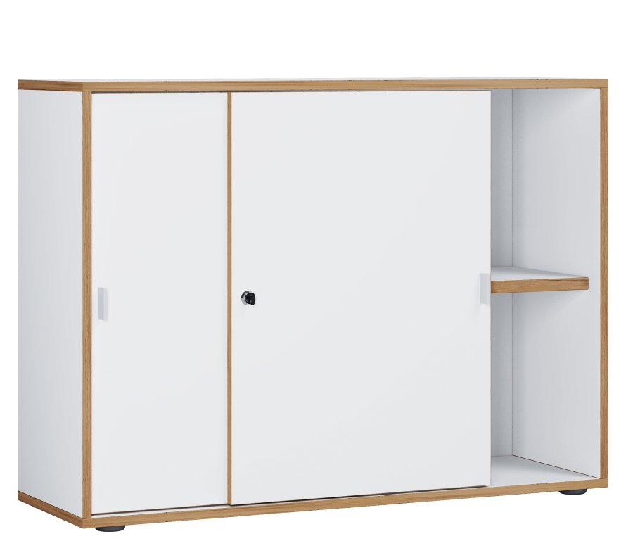 VCM NORDIC Salia B100 Büroregal, mit 2 Schiebetüren, Schloss und 1 verstellbarem Boden - Weiß und Naturholz