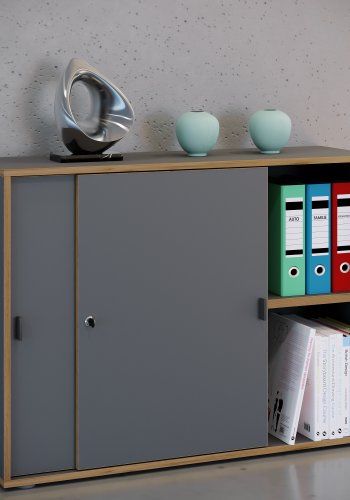 VCM NORDIC Salia B100 kontorbokhylle, m. 2 skyvedrer, ls, 1 justerbar hylle - antrasittgr og naturlig tre