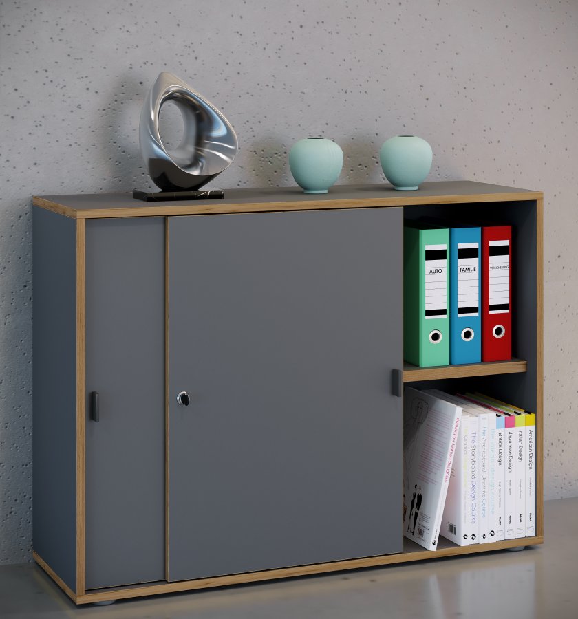 VCM NORDIC Salia B100 kontorbokhylle, m. 2 skyvedrer, ls, 1 justerbar hylle - antrasittgr og naturlig tre