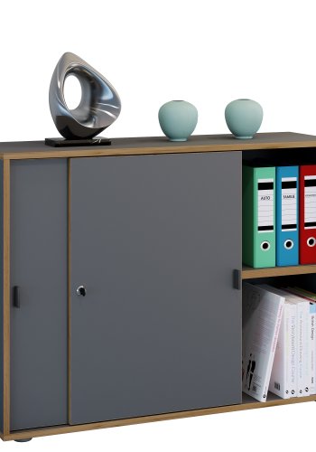 VCM NORDIC Salia B100 kontorbokhylle, m. 2 skyvedrer, ls, 1 justerbar hylle - antrasittgr og naturlig tre