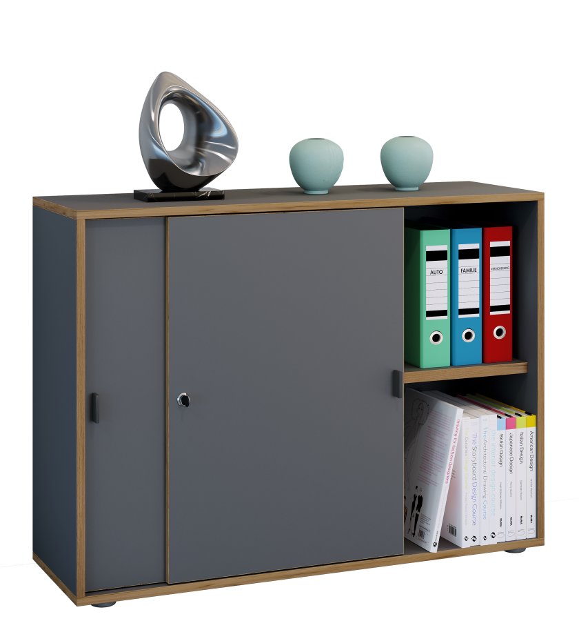 VCM NORDIC Salia B100 kontorbokhylle, m. 2 skyvedrer, ls, 1 justerbar hylle - antrasittgr og naturlig tre