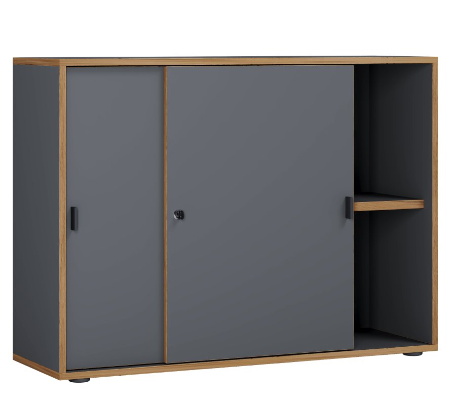 VCM NORDIC Salia B100 kontorbokhylle, m. 2 skyvedrer, ls, 1 justerbar hylle - antrasittgr og naturlig tre