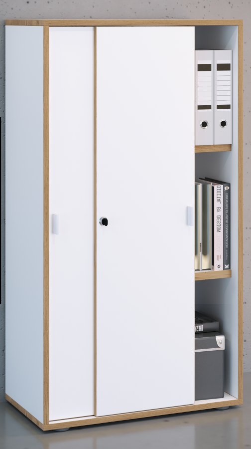 VCM NORDIC Salia B60 Büroregal, mit 2 Schiebetüren, Schloss und 2 verstellbaren Böden - Weiß und Naturholz