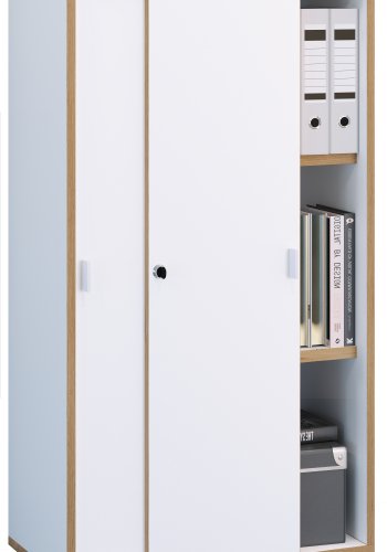 VCM NORDIC Salia B60 Büroregal, mit 2 Schiebetüren, Schloss und 2 verstellbaren Böden - Weiß und Naturholz