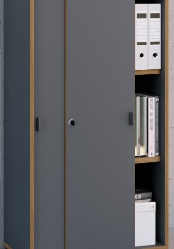 VCM NORDIC Salia B60 Büroregal, mit 2 Schiebetüren, Schloss und 2 verstellbaren Böden - Anthrazit und Naturholz