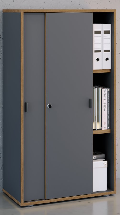 VCM NORDIC Salia B60 Büroregal, mit 2 Schiebetüren, Schloss und 2 verstellbaren Böden - Anthrazit und Naturholz