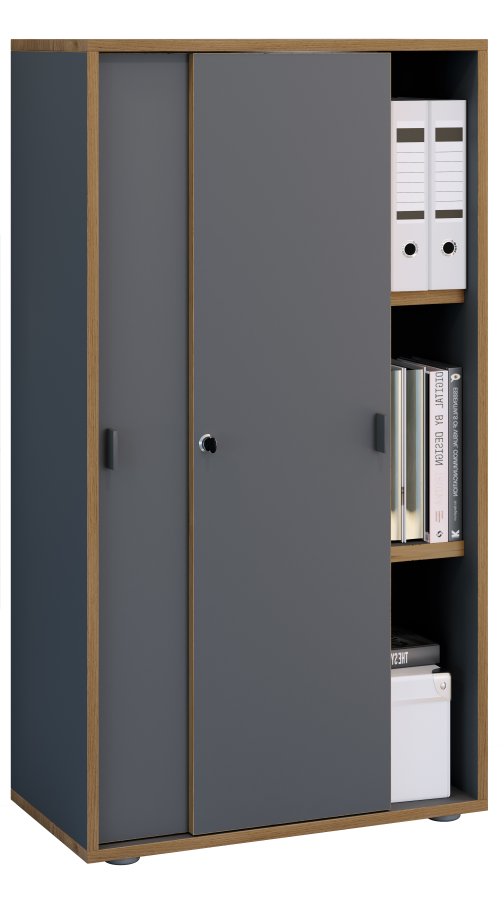 VCM NORDIC Salia B60 Büroregal, mit 2 Schiebetüren, Schloss und 2 verstellbaren Böden - Anthrazit und Naturholz