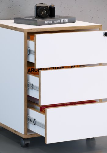 VCM NORDIC Salia T 45 Aktenschrank, abschließbar, mit 3 Schubladen und Rollen – Weiß und Naturholz