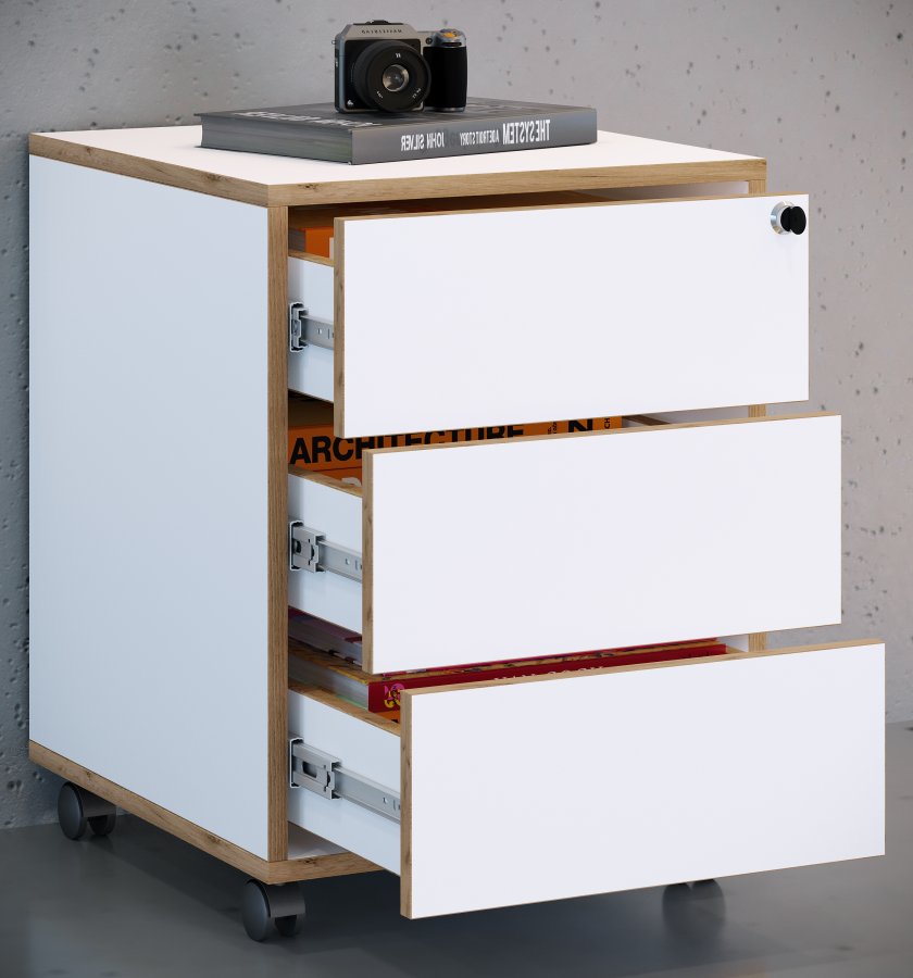 VCM NORDIC Salia T 45 Aktenschrank, abschließbar, mit 3 Schubladen und Rollen – Weiß und Naturholz