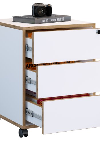VCM NORDIC Salia T 45 Aktenschrank, abschließbar, mit 3 Schubladen und Rollen – Weiß und Naturholz