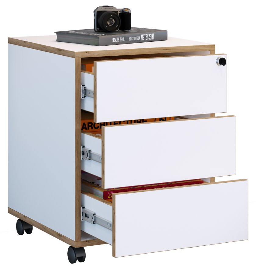 VCM NORDIC Salia T 45 Aktenschrank, abschließbar, mit 3 Schubladen und Rollen – Weiß und Naturholz