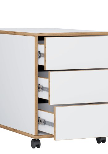 VCM NORDIC Salia T 45 Aktenschrank, abschließbar, mit 3 Schubladen und Rollen – Weiß und Naturholz