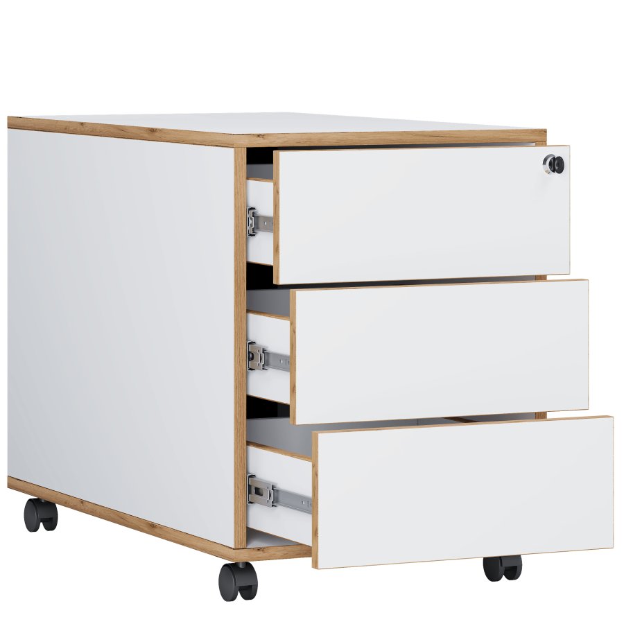 VCM NORDIC Salia T 45 Aktenschrank, abschließbar, mit 3 Schubladen und Rollen – Weiß und Naturholz