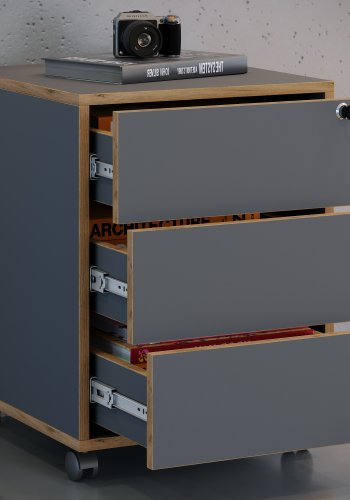 VCM NORDIC Salia T 45 Aktenschrank, abschließbar, mit 3 Schubladen und Rollen – Anthrazitgrau und Naturholz
