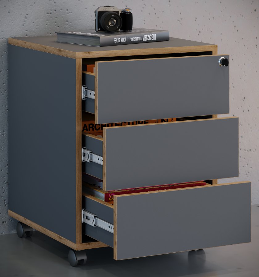 VCM NORDIC Salia T 45 Aktenschrank, abschließbar, mit 3 Schubladen und Rollen – Anthrazitgrau und Naturholz