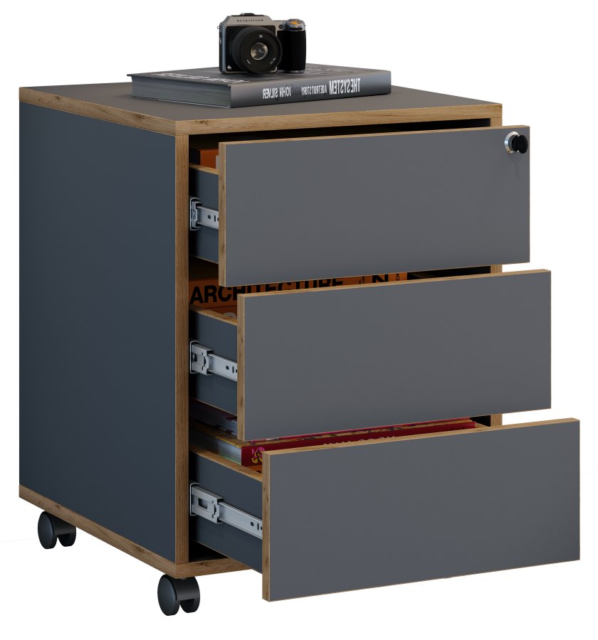 VCM NORDIC Salia T 45 Aktenschrank, abschließbar, mit 3 Schubladen und Rollen – Anthrazitgrau und Naturholz