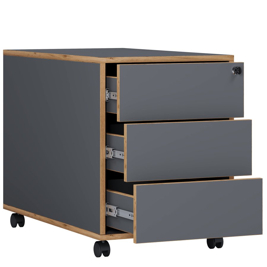 VCM NORDIC Salia T 45 Aktenschrank, abschließbar, mit 3 Schubladen und Rollen – Anthrazitgrau und Naturholz