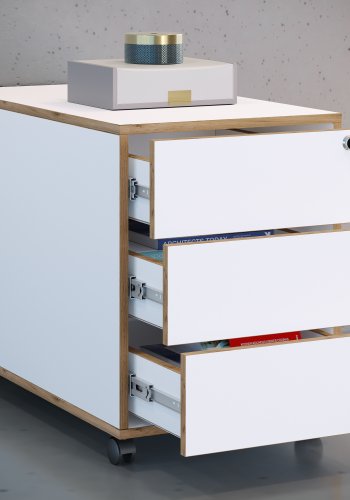 VCM NORDIC Salia T 70 Aktenschrank, abschließbar, mit 3 Schubladen und Rollen – Weiß und Naturholz