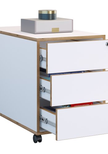 VCM NORDIC Salia T 70 Aktenschrank, abschließbar, mit 3 Schubladen und Rollen – Weiß und Naturholz