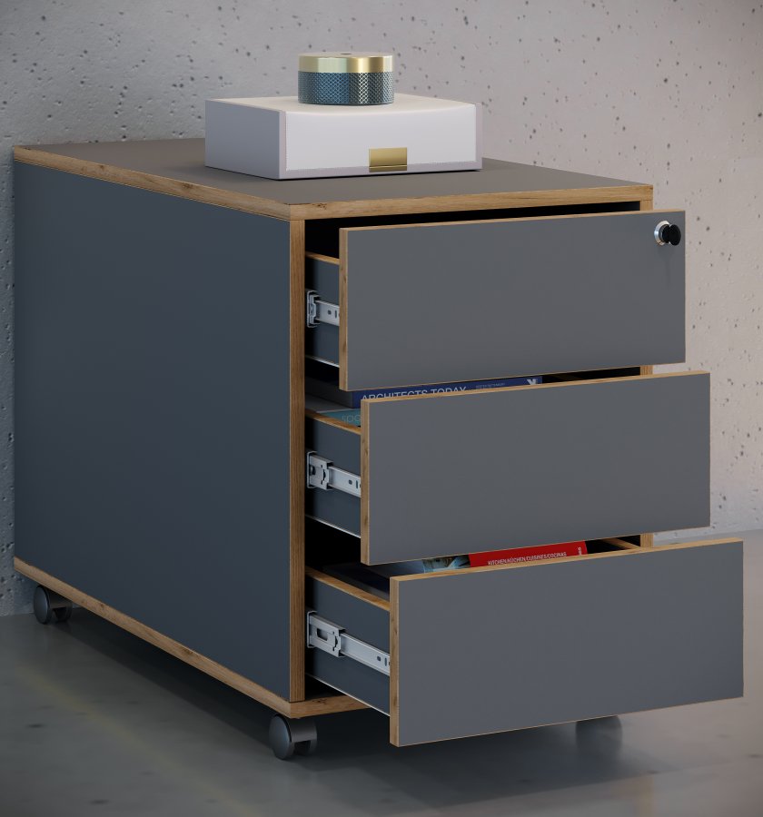 VCM NORDIC Salia T 70 arkivskap, lsbart, m. 3 skuffer og hjul - antrasittgr og naturlig tre