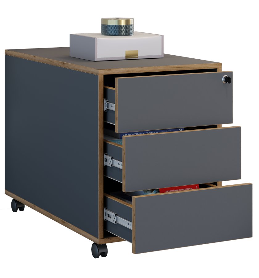 VCM NORDIC Salia T 70 arkivskap, lsbart, m. 3 skuffer og hjul - antrasittgr og naturlig tre