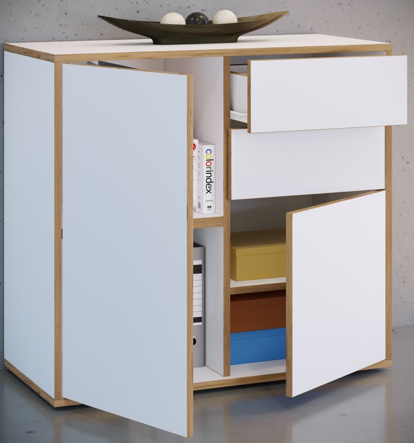 VCM NORDIC Salia B80 Bürokommode, m. 2 Türen, 2 Schubladen, 2 Einlegeböden - weiß/natur