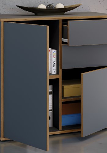 VCM NORDIC Salia B80 Bürokommode, m. 2 Türen, 2 Schubladen, 2 Einlegeböden - Anthrazitgrau/Naturholz