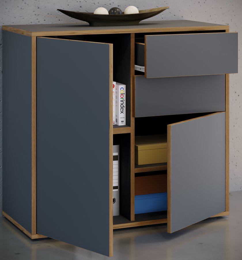 VCM NORDIC Salia B80 Bürokommode, m. 2 Türen, 2 Schubladen, 2 Einlegeböden - Anthrazitgrau/Naturholz