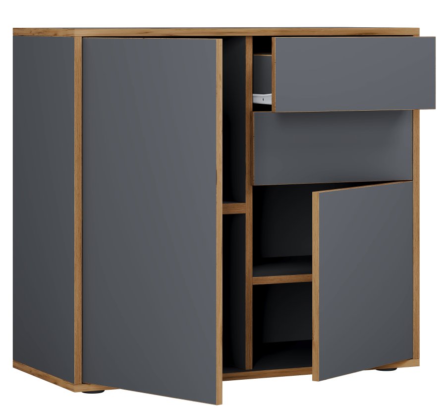 VCM NORDIC Salia B80 Bürokommode, m. 2 Türen, 2 Schubladen, 2 Einlegeböden - Anthrazitgrau/Naturholz