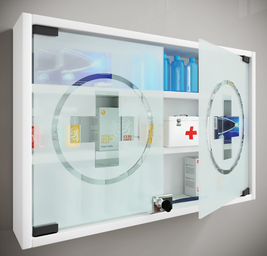 VCM NORDIC Hustila M Medizinschrank, mit 2 abschließbaren Glastüren und 2 Einlegeböden – Holz weiß