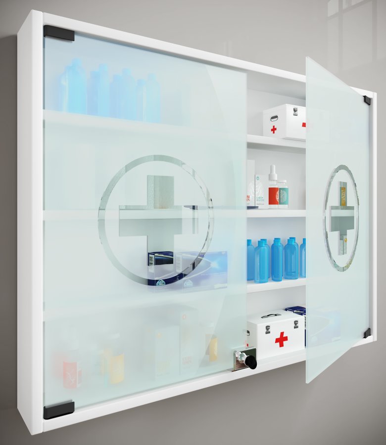 VCM NORDIC Hustila L Medizinschrank, mit 2 abschließbaren Glastüren und 3 Einlegeböden – Holz weiß
