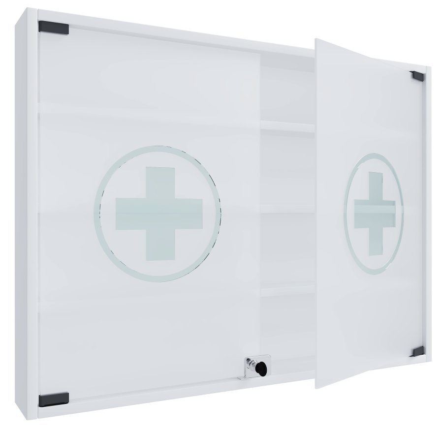 VCM NORDIC Hustila L Medizinschrank, mit 2 abschließbaren Glastüren und 3 Einlegeböden – Holz weiß