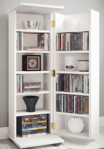 VCM NORDIC Engalo L bokhylle for CDer og DVDer, med ls, 1 dr og 10 hyller - hvitt tre