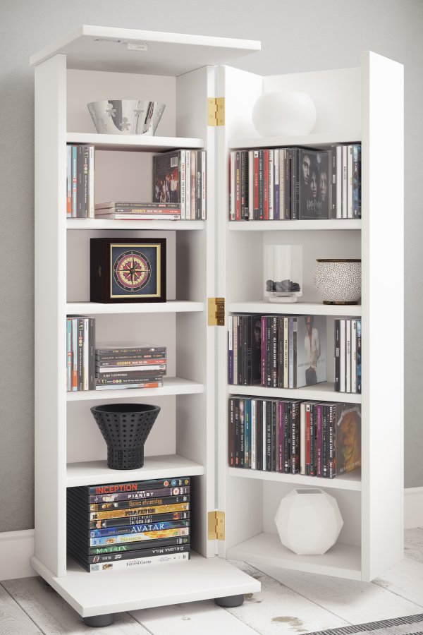 VCM NORDIC Engalo L bokhylle for CDer og DVDer, med ls, 1 dr og 10 hyller - hvitt tre