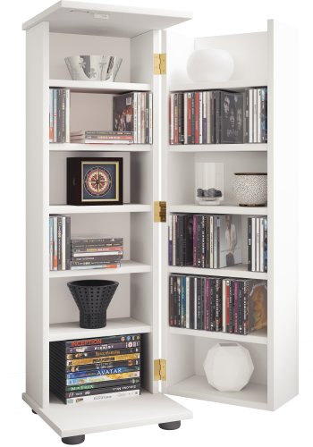 VCM NORDIC Engalo L bokhylle for CDer og DVDer, med ls, 1 dr og 10 hyller - hvitt tre