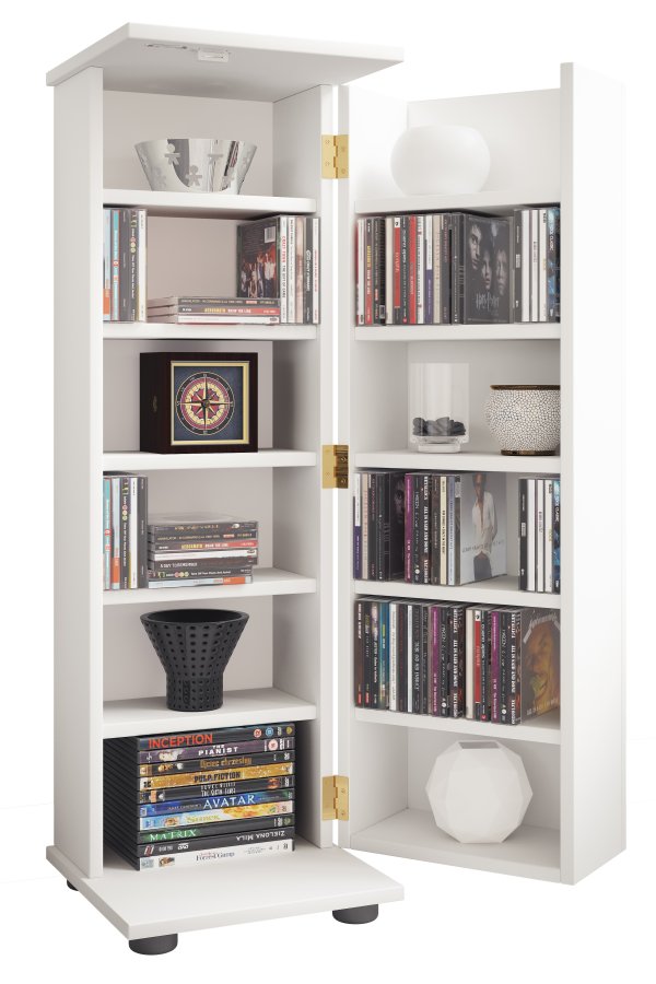 VCM NORDIC Engalo L bokhylle for CDer og DVDer, med ls, 1 dr og 10 hyller - hvitt tre